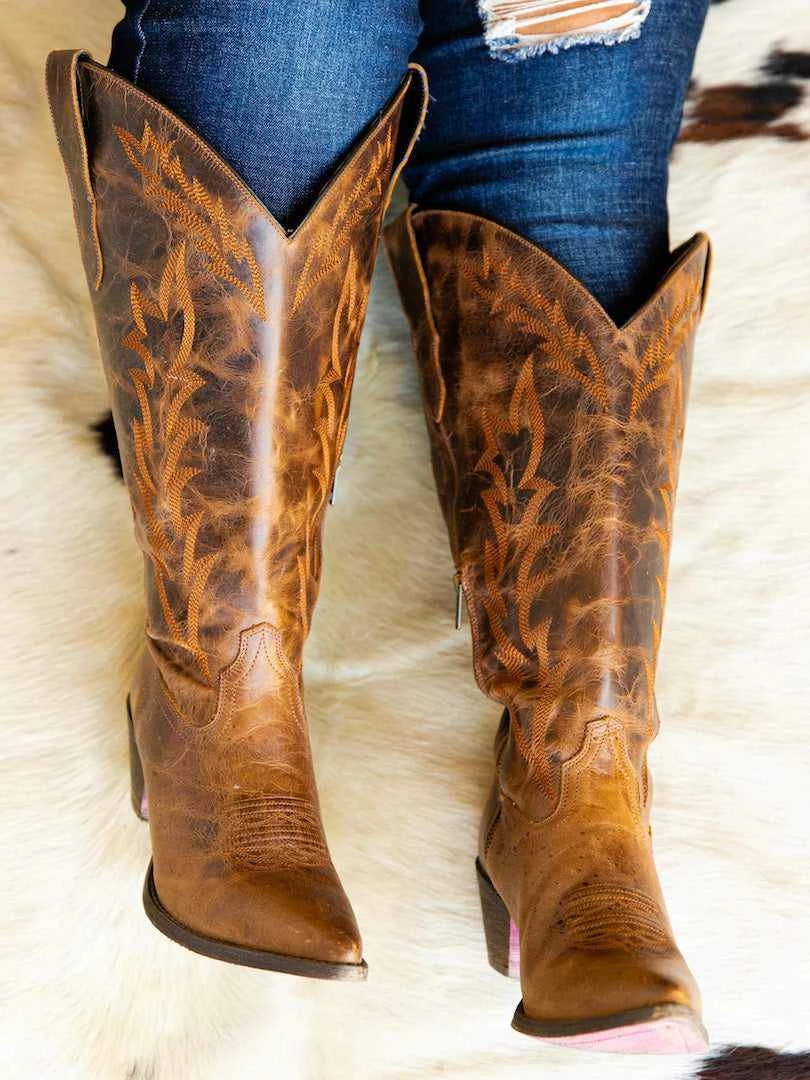 Prachi Leather Stella Mae — Wide Classic Leather Cowgirl Boots In Brown New Arrivals