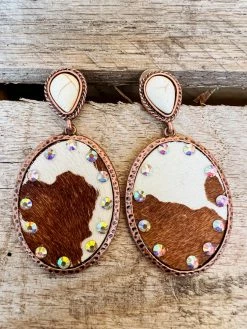 Southern Grace Brown Cowhide Crystal Oval Drop Earrings New Arrivals