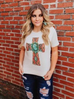Miss Mud Pie Aztec Cross And Turquoise Stone Tee - Cream