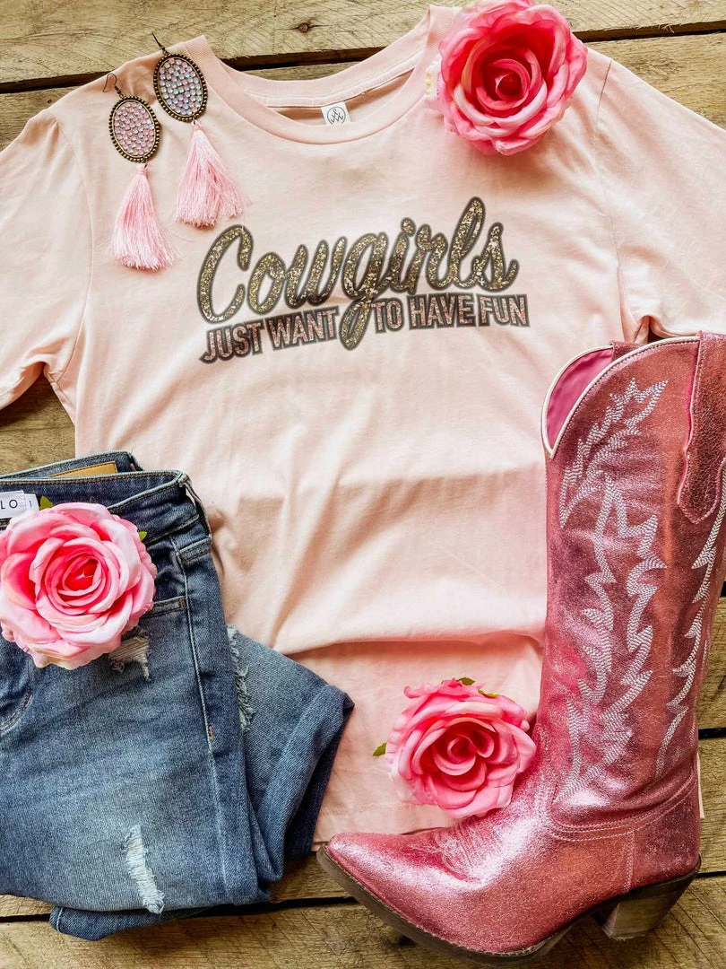 Bling-A-Gogo New Arrivals Cowgirls Just Want To Have Fun T-shirt - Light Pink