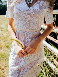 D & J Industries Bridal White Lace Dress With Tan Lining