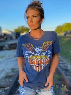 Country Deep Free Bird Shield Distressed Tee Clothing