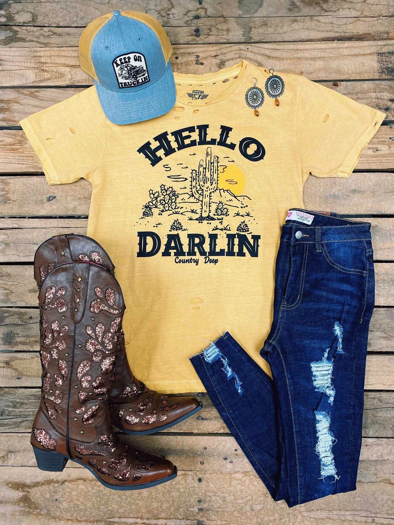 Country Deep Hello Darlin Distressed Mustard Tee Tees