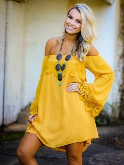 D & J Industries Lace Talk About It Tunic Dress - Mustard Clothing