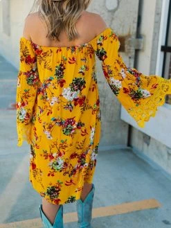 D & J Industries Lace Talk About It Tunic Dress - Mustard Floral