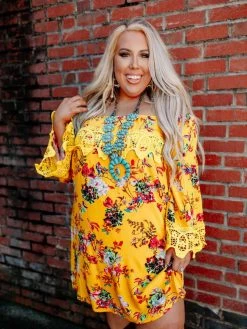 D & J Industries Lace Talk About It Tunic Dress - Mustard Floral