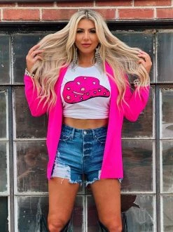 Bling-A-Gogo Summer Fried Swimwear Neon Cowgirl Star Patch T-shirt - White