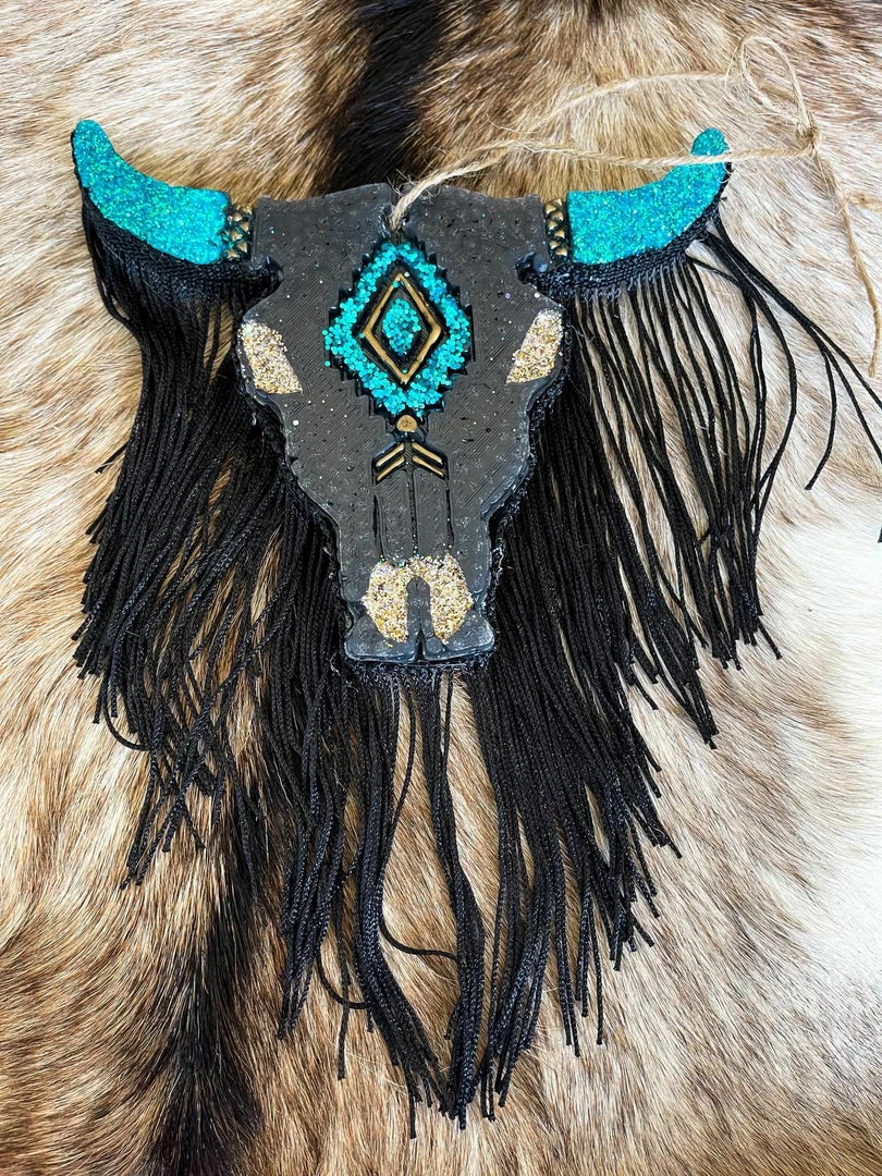 Southern Custom Designs Black And Turquoise Sassy Steer Fringe Freshie
