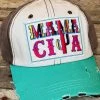 Southern Grace Mamacita Serape Patch Turquoise Beige And Brown Distressed Hat New Arrivals