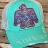 Southern Grace Aztec Thunderbird Turquoise Distressed Beige Mesh Hat New Arrivals