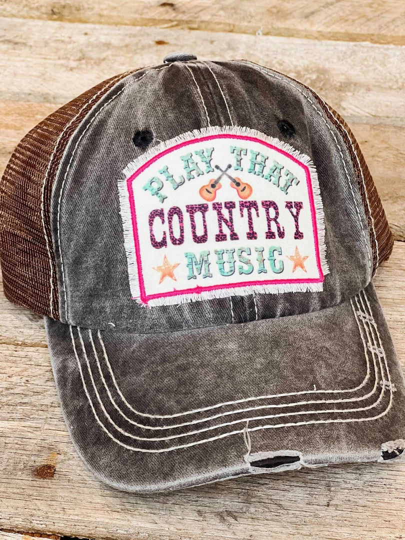 Southern Grace New Arrivals Play That Country Music Distressed Brown Mesh Hat