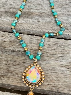Southern Grace New Arrivals Shine So Bright Iridescent Oval Gold Crystal Turquoise Beaded Necklace