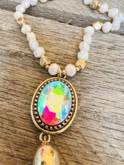 Southern Grace Crash My Party Iridescent Oval Crystal Beaded Gold Chain Necklace