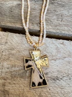 Southern Grace You Can't Cross Me Double Beaded Leopard Gold Cross Pendant New Arrivals