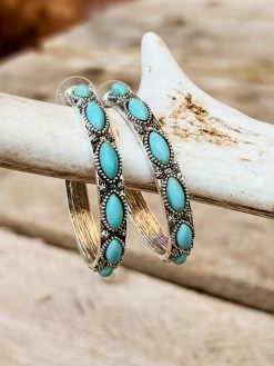 Southern Grace Darlin Please Turquoise Rock Silver Hoop Earrings