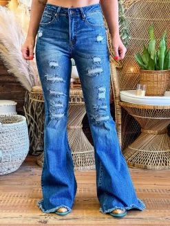 Special A High Rise Boot Cut Distressed Jeans In Medium Blue