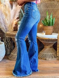 Special A High Rise Boot Cut Distressed Jeans In Medium Blue
