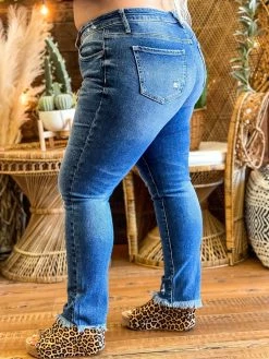Special A Mid Rise Straight Leg Distressed Jeans In Medium Blue