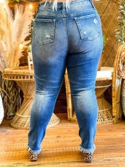 Special A Mid Rise Straight Leg Distressed Jeans In Medium Blue