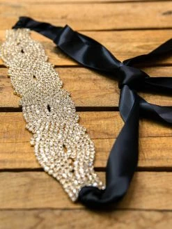 Luxe Apparel Rhinestone Crowning Moment Belt X3 - Black Ribbon With Gold