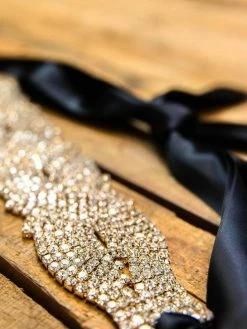 Luxe Apparel Rhinestone Crowning Moment Belt X3 - Black Ribbon With Gold