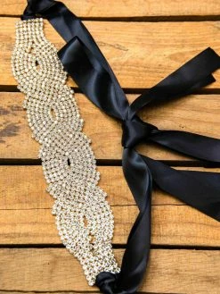 Luxe Apparel Rhinestone Crowning Moment Belt X3 - Black Ribbon With Gold