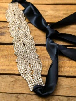 Luxe Apparel Rhinestone Crowning Moment Belt X3 - Black Ribbon With Gold