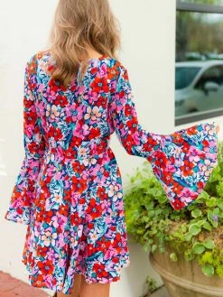 D & J Industies Co., LTD. Floral Fever β Bell Sleeve Floral Dress In Red New Arrivals