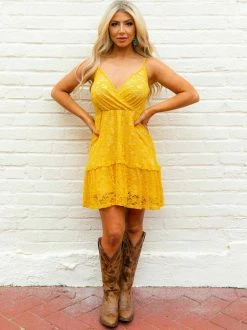 Southern Fried Chics Flirty Little Thing Lace Dress - Mustard New Arrivals
