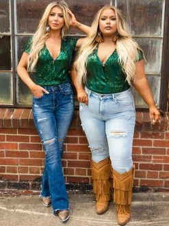 D & J Industies Co., LTD. PREORDER Hell On Heels Cap Sleeve Bodysuit - Emerald Sequin Pre-Orders