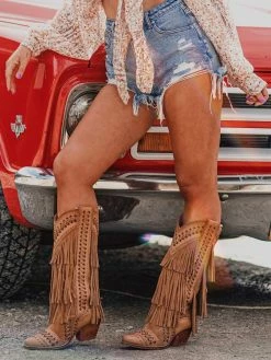 Alig Tannery New Arrivals All Around The Fringe — Cowgirl Boots With Fringe In Tan Leather
